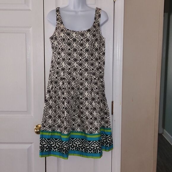 Nine West black and  off white geometric patterned A-Line dress  Sz 10 - Picture 1 of 6